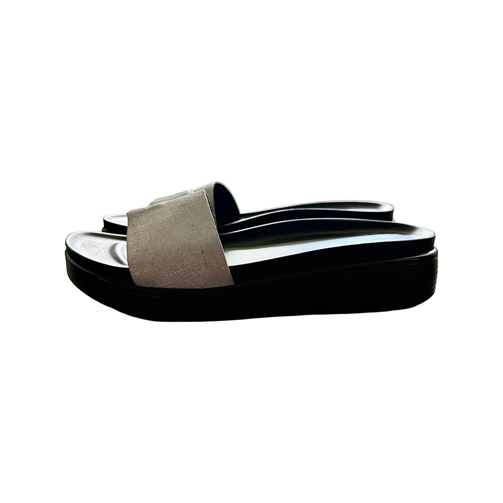 Donald Pliner Platform Slide Sandals Womens 7.5 Black Silver Good Metallic Wedge